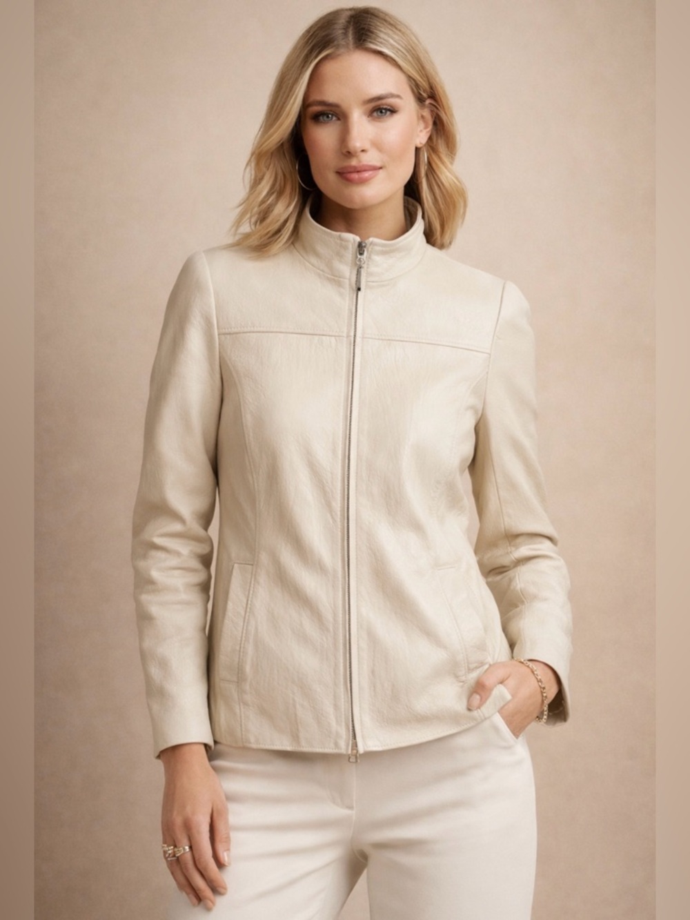 Women's Taupe Leather Zip Jacket